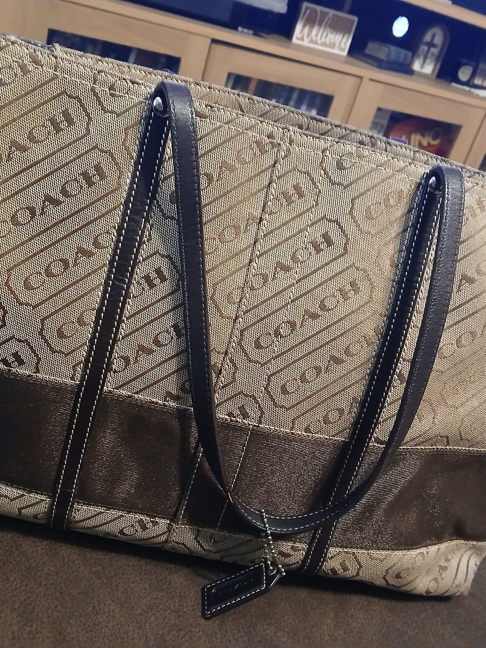 COACH Tan Logo Canvas Tote with Dark Brown Trim